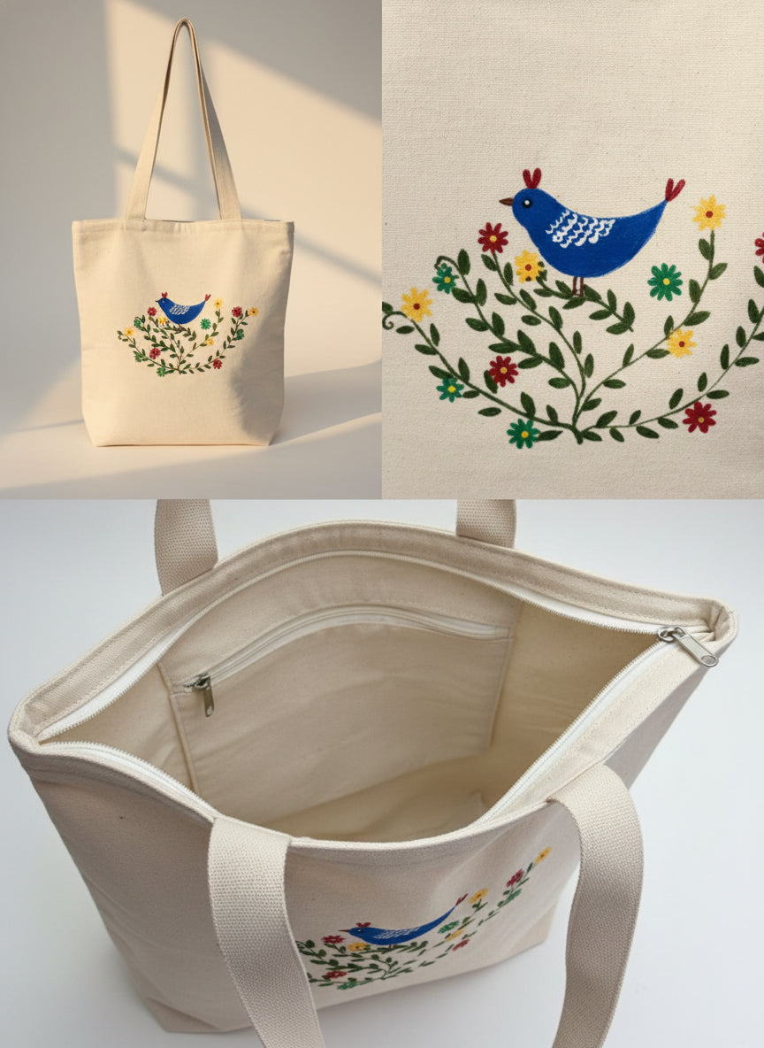 Bird-Hand-Painted Cotton Tote Bag 3