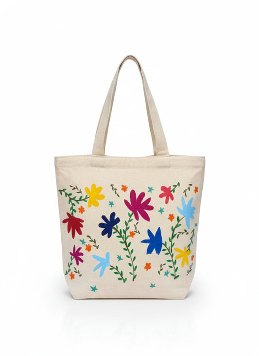 Floral Hand-Painted Cotton Tote Bag