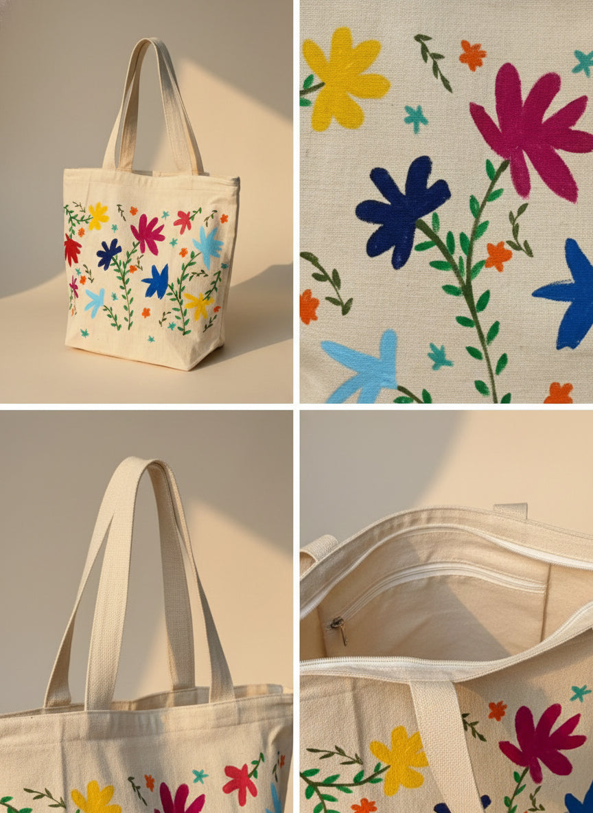 Floral Hand-Painted Cotton Tote Bag